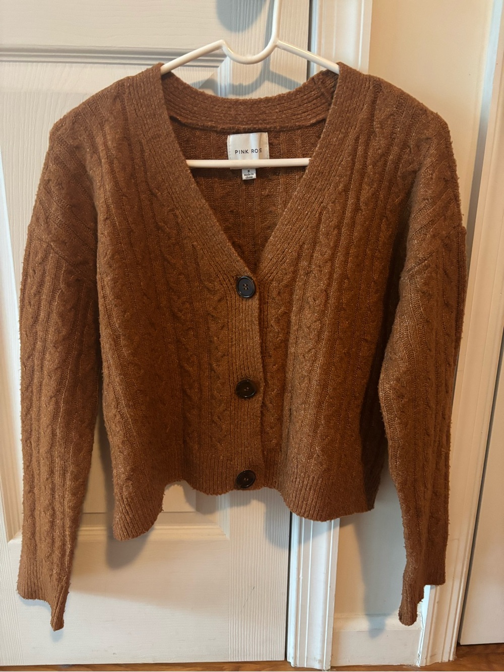 Pink Rose Brown Cable-Knit V-Neck Button Cardigan